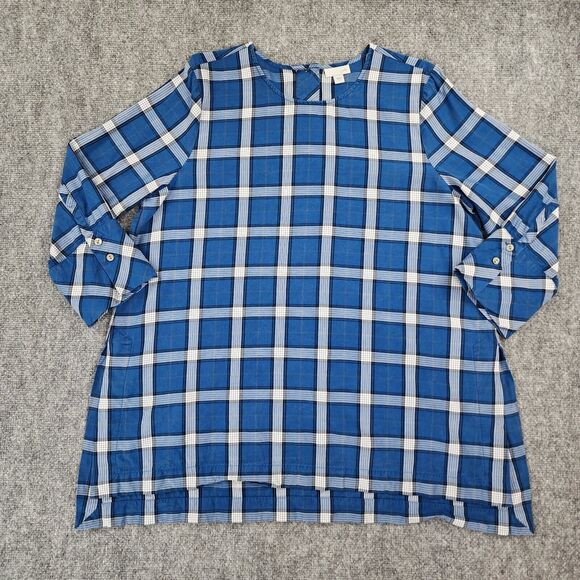 J Jill Top Women Large Blue Plaid 3/4 Sleeve Tunic Slit Back Button Shirt Blouse - Picture 1 of 14